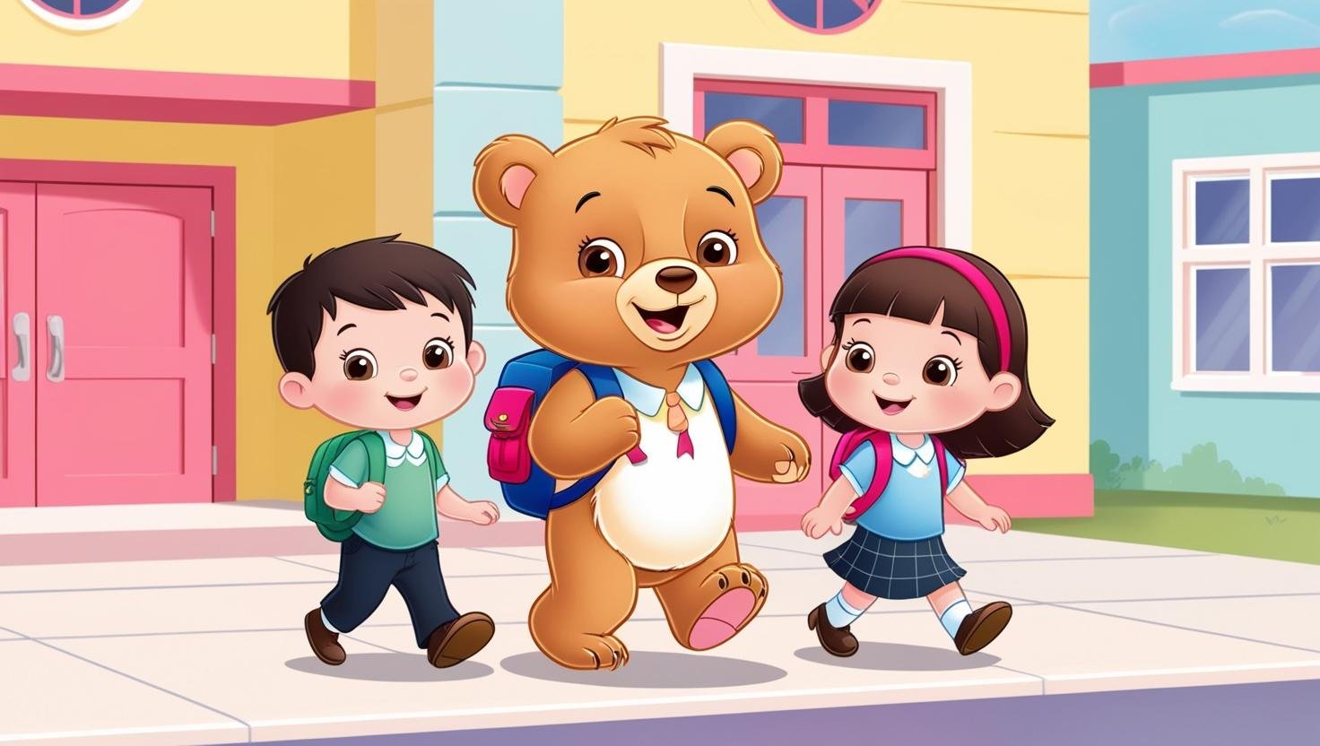 Cute little bear going to school boy and girl (1)