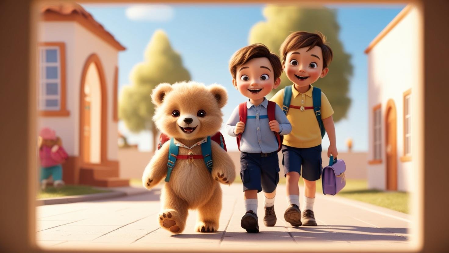 Cute little cub going to school boy and girl (1)